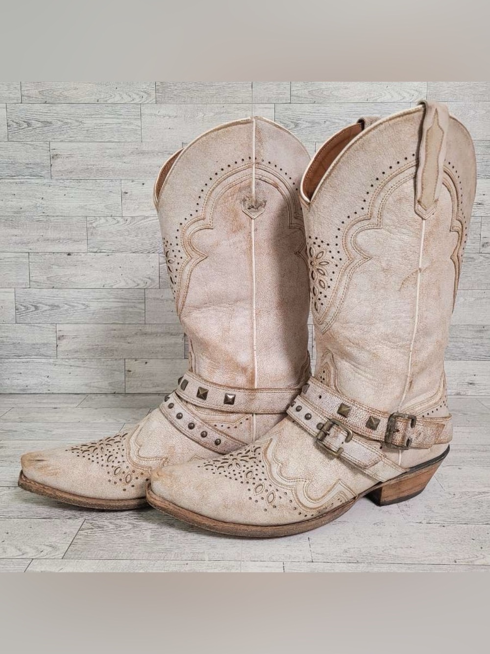 Womenโs Dan Post Restless Brown Leather Tan Harness Biker Cowboy Boots Size 10